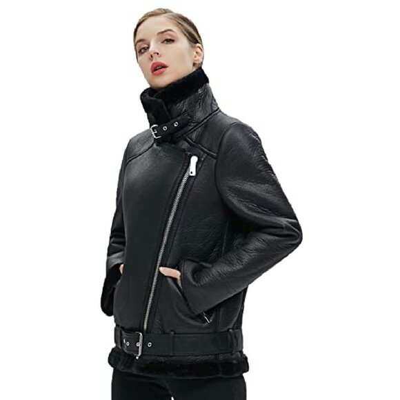 Women's Faux Shearling Moto Jacket Thick Lined Parka Winter Coat - Picture 3 of 8